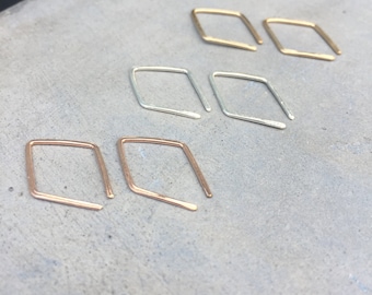 Minimalist earrings, minimal earrings, minimalist hoops, geometric hoops, diamond shaped, tiny hoop, gift for her, gold fill, Penelope