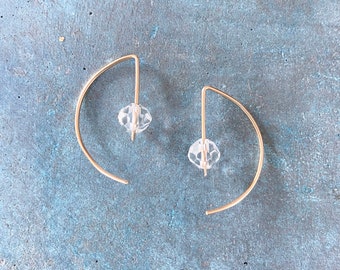 Small gold hoops, hoops with beads, modern hoop earrings,  lightweight, geometric hoops, vintage bead, minimal, modern, gift for her