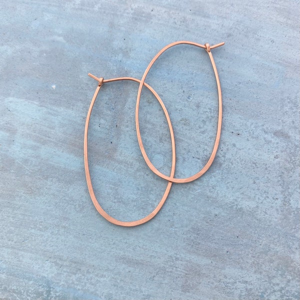 Rose gold filled oval hoops, 2 in long oval hoop, hammered hoop, lightweight, modern, handmade,  gift for her, everyday hoop, gift for women