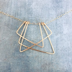 Geometirc art deco pendant, gold triangle necklace, architectural, gold filled, modern gold necklace, long gold necklace, hammered, Peak