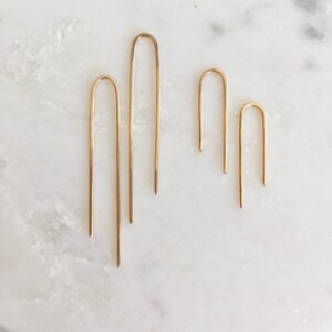 Solid yellow gold earrings, 14k gold, recycled gold hoops, solid gold threader, solid gold arc, 14 karat , 14 kt gold, 14kt Waterfall Sm image 7