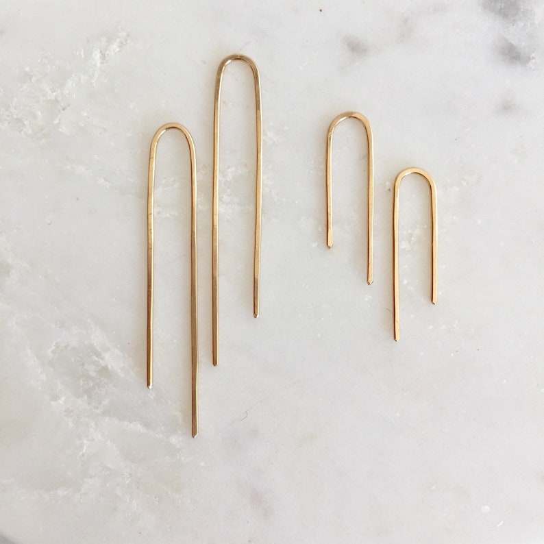 Solid yellow gold earrings, 14k gold, recycled gold hoops, solid gold threader, solid gold arc, 14 karat , 14 kt gold, 14kt Waterfall Sm image 7