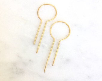 Handmade 14K Recycled Gold Art Deco Hoop Earrings, Solid Gold Threaders, Modern, Unique, Lightweight