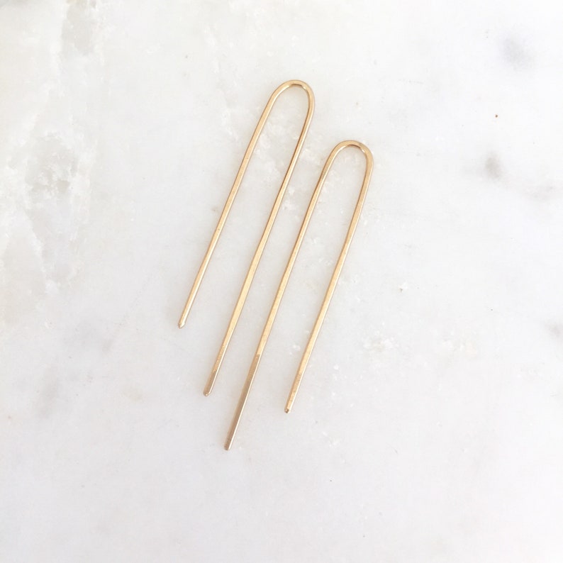 Solid yellow gold earrings, 14k gold, recycled gold hoops, solid gold threader, solid gold arc, 14 karat , 14 kt gold, 14kt Waterfall Sm image 3