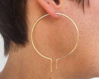 Unique Art Deco 14K Gold Filled Big Hoop Earrings, Modern Threader Hoops, California Made