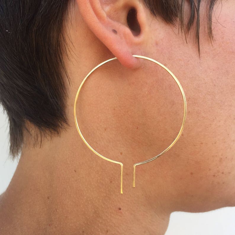 Modern hoop earrings, art deco earrings, threader hoops, open hoop earrings, unique hoop earrings, large gold hoops, Lg Deco Gold image 1