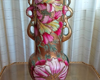 Antique, Floor Vase, 18”H, Nippon, Hand Painted, Floral, Peonies, Rare, 1850-1899, Collectible