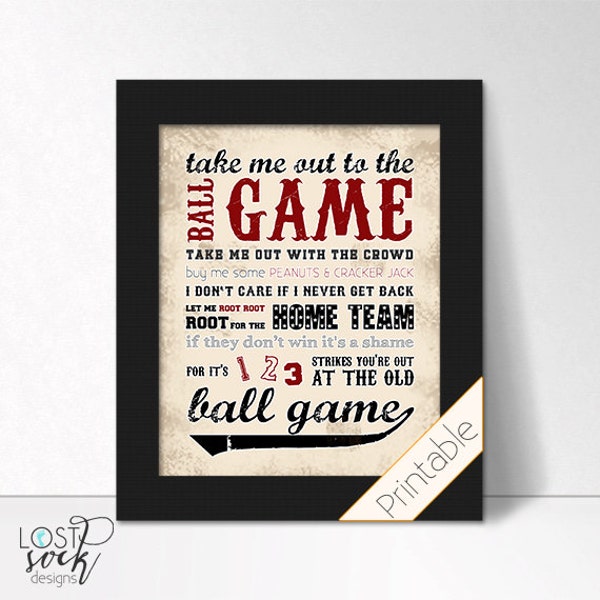 Vintage Baseball Theme Take me out to the Ball Game ballgame red black distressed weathered Teen Boy bedroom Decor instant digital download