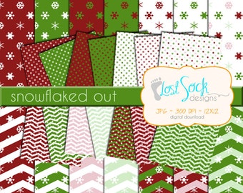 Christmas Digital Scrapbook Snowflake Theme red lime green Chevron Stripes 12x12 Paper Pack Kit Instant Download