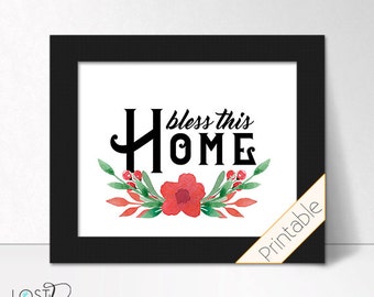 Bless this Home watercolor floral laurel home decor wall art printable digital file wedding shower gift new housewarming gift