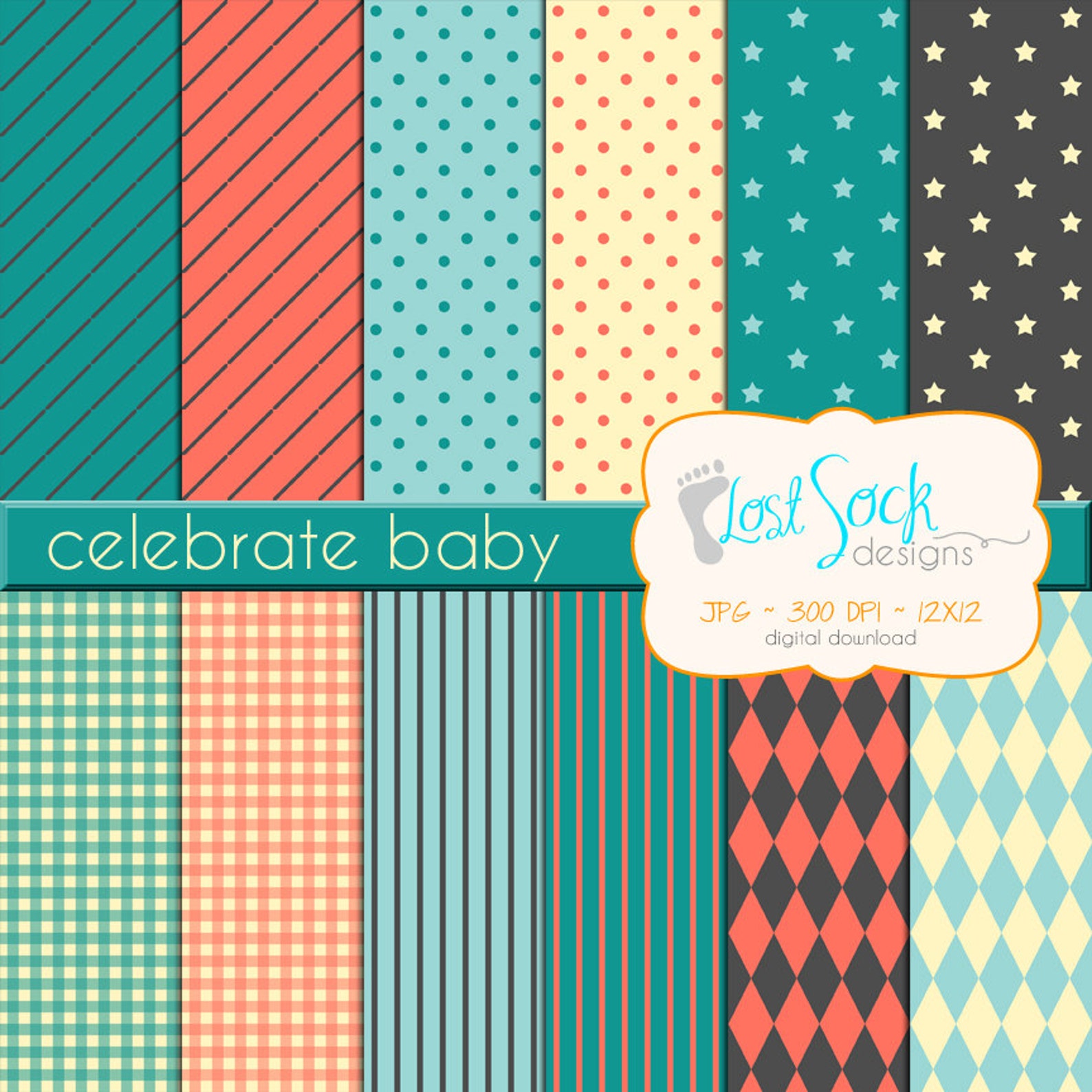 Digital Scrapbook Paper Gender Neutral Baby Dark Grey Teal Etsy France