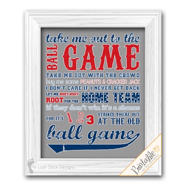 Baseball Theme Teen Boy bedroom Take me out to the Ball Game in Navy Blue Red & Gray ballgame Nursery room Decor printable digital download