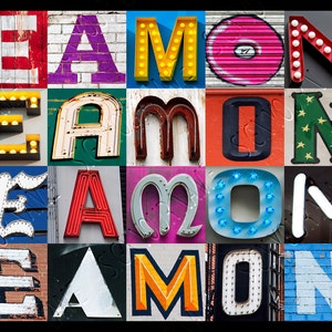 May include: The name Eamon spelled out in colorful, illuminated letters. Each letter is a different color and style, with some letters having light bulbs.