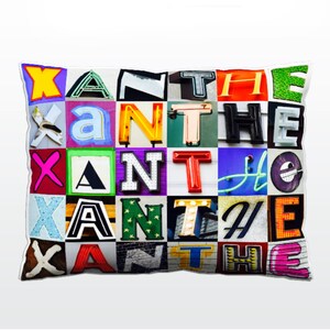 May include: A pillow with the word "ANTHE" spelled out in colorful, mismatched letters. Each letter is a different color and style, creating a unique and eye-catching design.