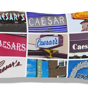 Op de afbeelding: Een collage van negen afbeeldingen met verschillende borden met het woord "Caesar's" in verschillende lettertypen en stijlen. De borden zijn in verschillende kleuren, waaronder rood, blauw, geel en wit.