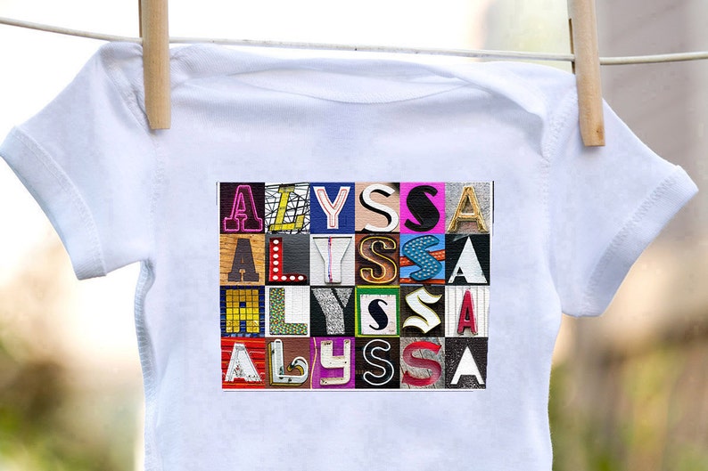 Personalized baby bodysuit featuring the name CINDY showcased in photos of letters from actual signs; Baby gift; Baby shower