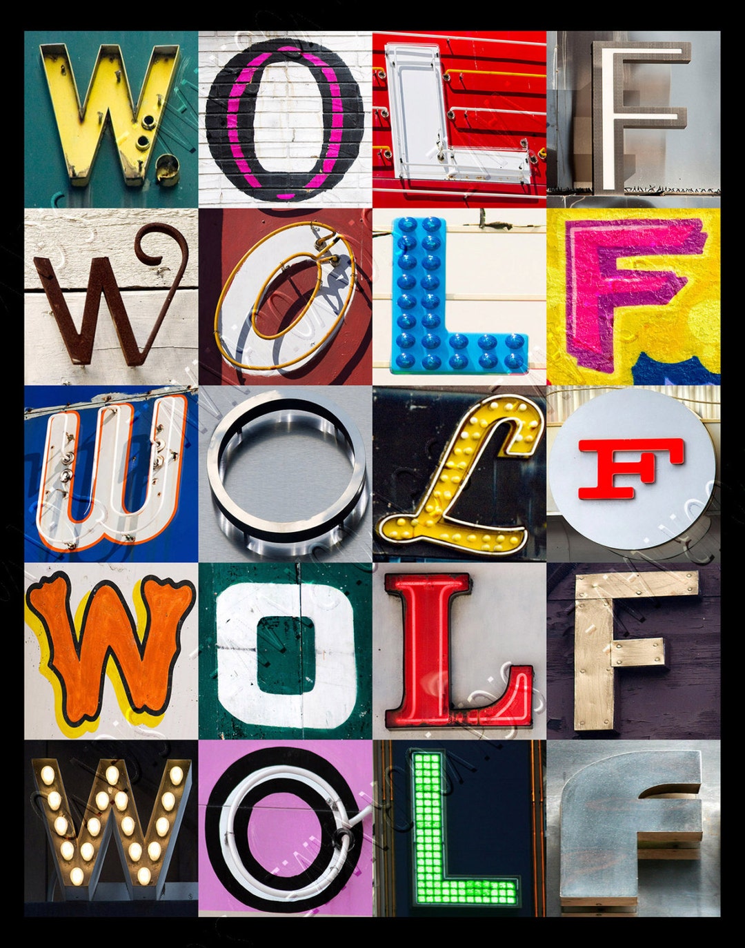 Wolves Display Lettering Personalized Poster Featuring WOLF Showcased in Photos of Sign Letters ...