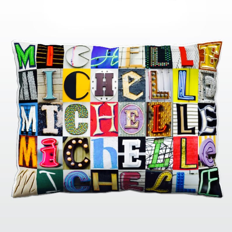 Personalized Pillow featuring MICHELLE in photos of sign letters; Custom couch cushions; Colorful pillows; Photo pillow; Sofa pillows