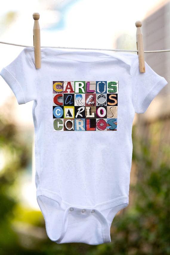Personalized baby bodysuit featuring the name CAROL showcased in photos of letters from actual signs; Baby gift; Baby shower