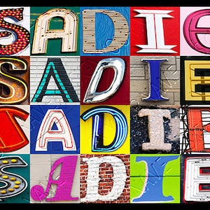 May include: A colorful collage of letters spelling out the name "SADIE" in various fonts and styles. Each letter is a different color and has a unique design, creating a vibrant and eye-catching display.
