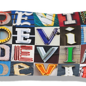 Può includere: Una federa con un design a patchwork colorato che presenta il nome "DEVIN" scritto in vari font e stili. Ogni lettera è composta da diverse texture e colori, creando un design unico e accattivante.