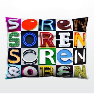 Oreiller personnalisé avec SOREN dans les photos de lettres de signe; Coussins de canapé personnalisés; Oreillers colorés; Oreiller photo; Oreillers de sofa