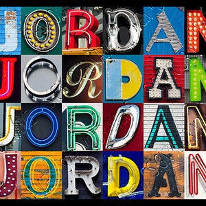 May include: A colorful collage of the name "JORDAN" spelled out in different fonts and styles. Each letter is a different color and has a unique design, such as neon lights, polka dots, or a metallic finish.