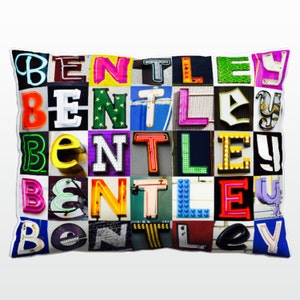 Almohada personalizada con BENTLEY en fotos de letras de signo; Cojines de sofá personalizados; Almohadas de colores; Almohada de fotos; Almohadas de sofá