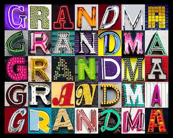 GRANDMA, GRANDPA, GRAMMY, Gramps, Grandmommy or Nana Personalized Poster featuring photos of letters from signs; Custom wall art