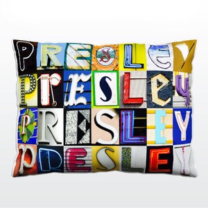 Oreiller personnalisé avec PRESLEY dans les photos des lettres de signe ; Coussins de canapé personnalisés; Oreillers colorés; Oreiller photo; Oreillers de sofa