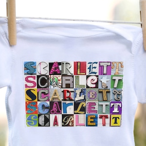 Personalized baby bodysuit featuring the name CAROL showcased in photos of letters from actual signs; Baby gift; Baby shower