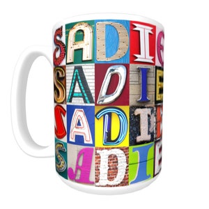 SADIE Personalized Coffee Mug featuring the name in sign letter photos; Ceramic mug; Custom coffee cup; Gifts for coffee lovers