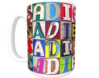 SADIE Personalized Coffee Mug featuring the name in sign letter photos; Ceramic mug; Custom coffee cup; Gifts for coffee lovers