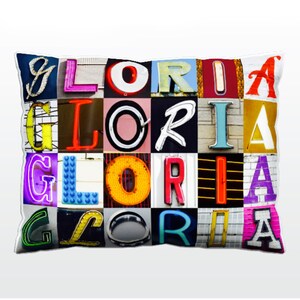 Oreiller personnalisé avec GLORIA dans les photos de lettres de signe; Coussins de canapé personnalisés; Oreillers colorés; Oreiller photo; Oreillers de sofa