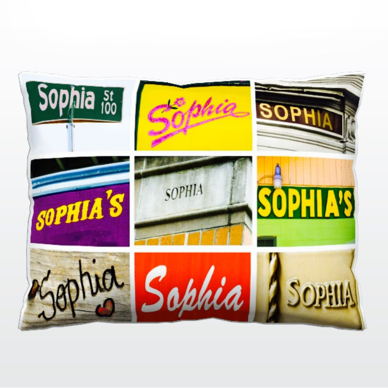 May include: A pillow with a collage of different images featuring the name "Sophia" in various styles and colors. The images include a street sign, a storefront, and handwritten text.