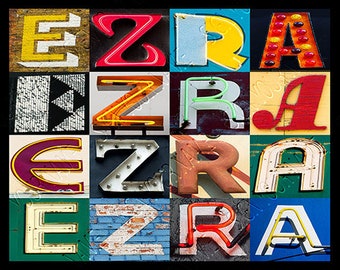 EZRA Cartel personalizado con fotos de cartas de signos; Impresión tipográfica; Decoración de pared; Arte de pared personalizado; Cartel del nombre