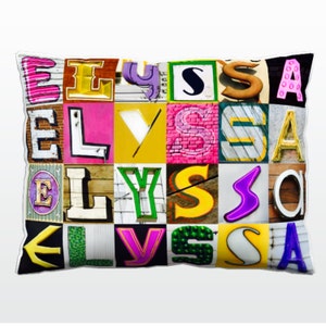 Oreiller personnalisé avec ELYSSA dans les photos de lettres de signe; Coussins de canapé personnalisés; Oreillers colorés; Oreiller photo; Oreillers de sofa