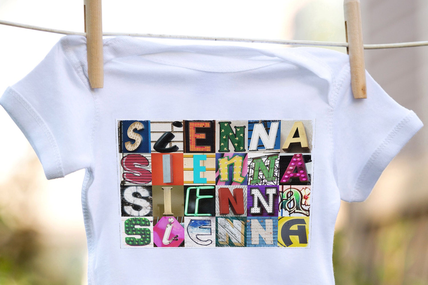 Personalized baby bodysuit featuring the name CINDY showcased in photos of letters from actual signs; Baby gift; Baby shower