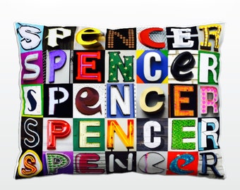 Personalized Pillow featuring SPENCER in photos of sign letters; Custom couch cushions; Colorful pillows; Photo pillow; Sofa pillows