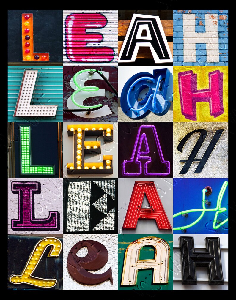 LEAH Personalized Poster Featuring Photos of Sign Letters; Typography ...
