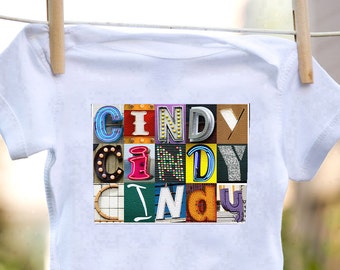 Personalized baby bodysuit featuring the name CINDY showcased in photos of letters from actual signs; Baby gift; Baby shower