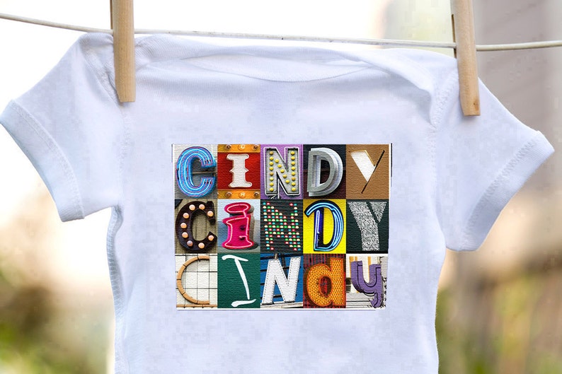 Personalized baby bodysuit featuring the name CINDY showcased in photos of letters from actual signs; Baby gift; Baby shower