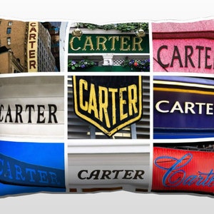 実際の看板の写真に CARTER という名前が入ったパーソナライズされた枕。室内装飾品。クッション。アクセント枕。カスタムソファクッション。