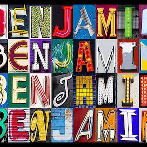 May include: A colourful mosaic of letters spelling out the name "Benjamin". Each letter is a different colour and style, creating a unique and eye-catching design.