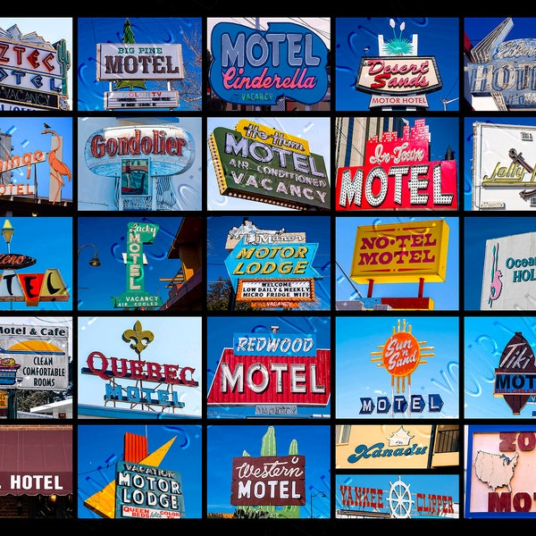Motel / Hotel Poster from A-Z with 26 photos of motel signs with names; Art print; Wall decor; Americana