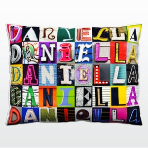 Oreiller personnalisé avec DANIELLA dans les photos de lettres de signe; Coussins de canapé personnalisés; Oreillers colorés; Oreiller photo; Oreillers de sofa
