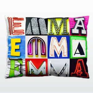 Oreiller personnalisé avec EMMA dans les photos de lettres de signe; Coussins de canapé personnalisés; Oreillers colorés; Oreiller photo; Oreillers de sofa