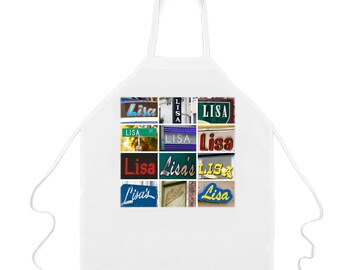 Tablier LISA avec le nom sur les photos d'enseignes réelles ; Tabliers personnalisés ; tabliers de cuisine; Tabliers de cuisine; Tabliers de chef
