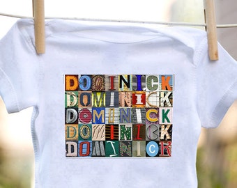 Personalized baby bodysuit featuring the name DOMINICK showcased in photos of letters from actual signs; Baby gift; Baby shower