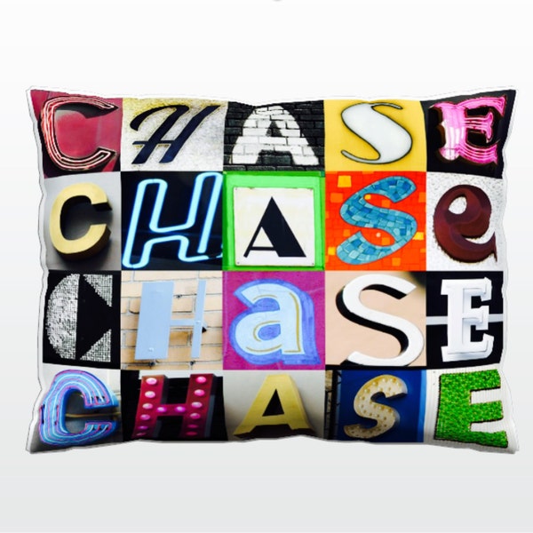 Personalized Pillow featuring CHASE in photos of sign letters; Custom couch cushions; Colorful pillows; Photo pillow; Sofa pillows
